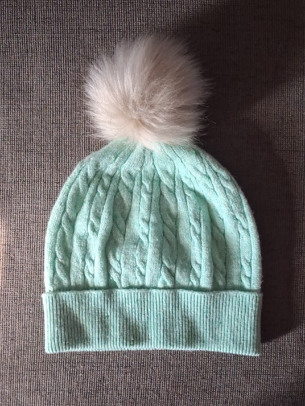 Talbots Cable Knit Faux Fur Pom Beanie in Mint Green Womens Winter Hat Comfy Hat